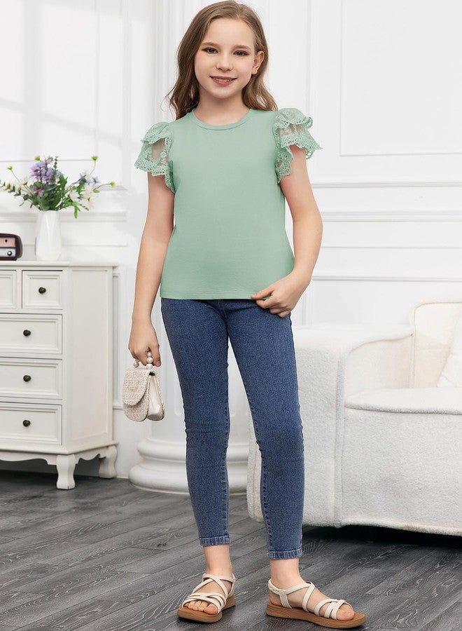 blibean Junior Girl Shirts Youth Kid Girls Blouse Summer Short Sleeve Flowy Dress Tops Fashion Casual Dressy Clothes Fancy Solid Blouse Size 8-9 Year Old Light Green - Image 5